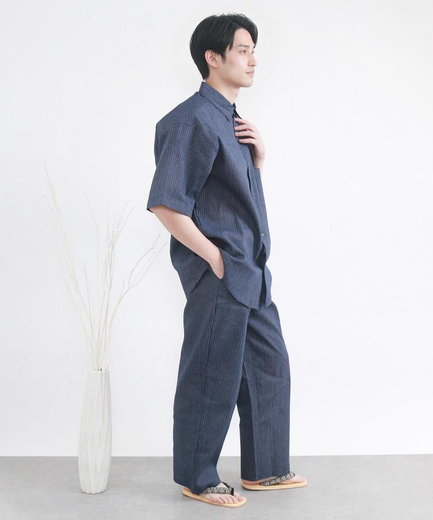[KYOETSU] Men's Jinbei Shirt (Sold Separately), Shijira Weave, Men's Pajamas, Cotton, Top and Bottom Set (2. Simple Thin Stripe X Navy (Long Pants), L