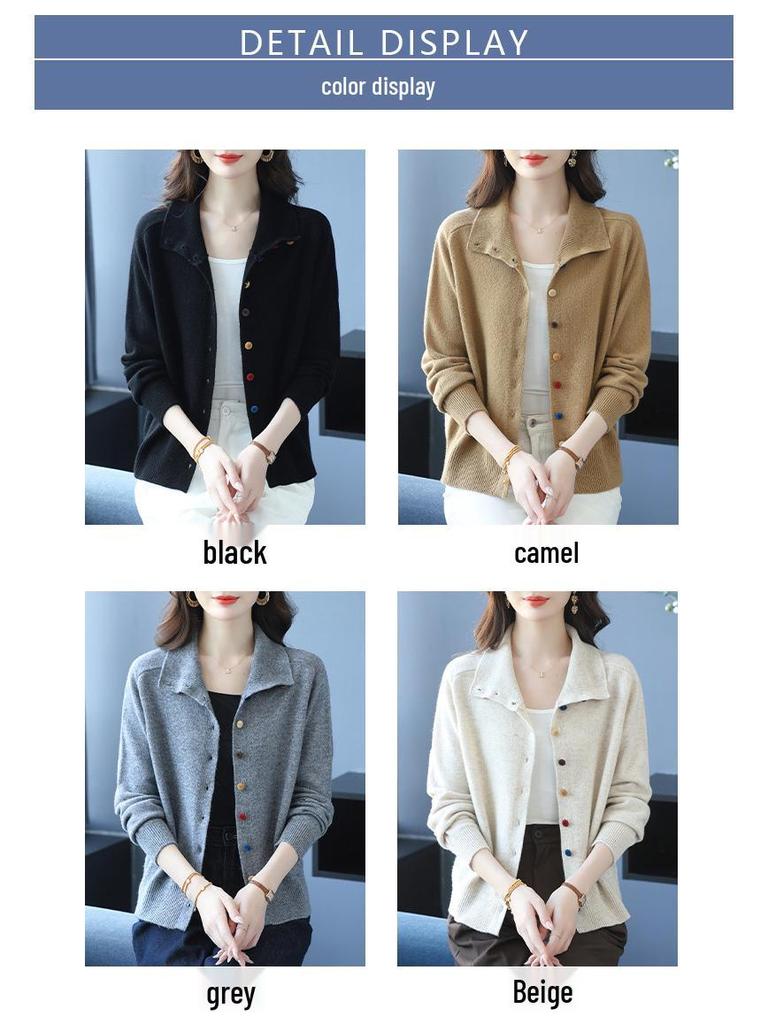 100% Reine Wolle Umlegekragen Damen Strick-Cardigan - Herbstmode Kurze Jacke