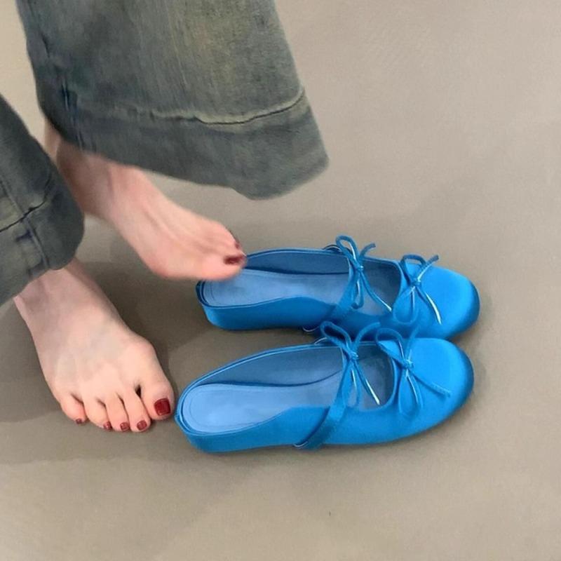 Summer 2025 New Height-increasing, Flat-bottomed, Comfortable Flip-flops, Bow-shaped, Satin, Round-toed, Half-slipper for Women
