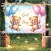 A Banner for a Gender Reveal Party, Featuring Designs of Bears, Clouds and Pinkish-blue Balloons.