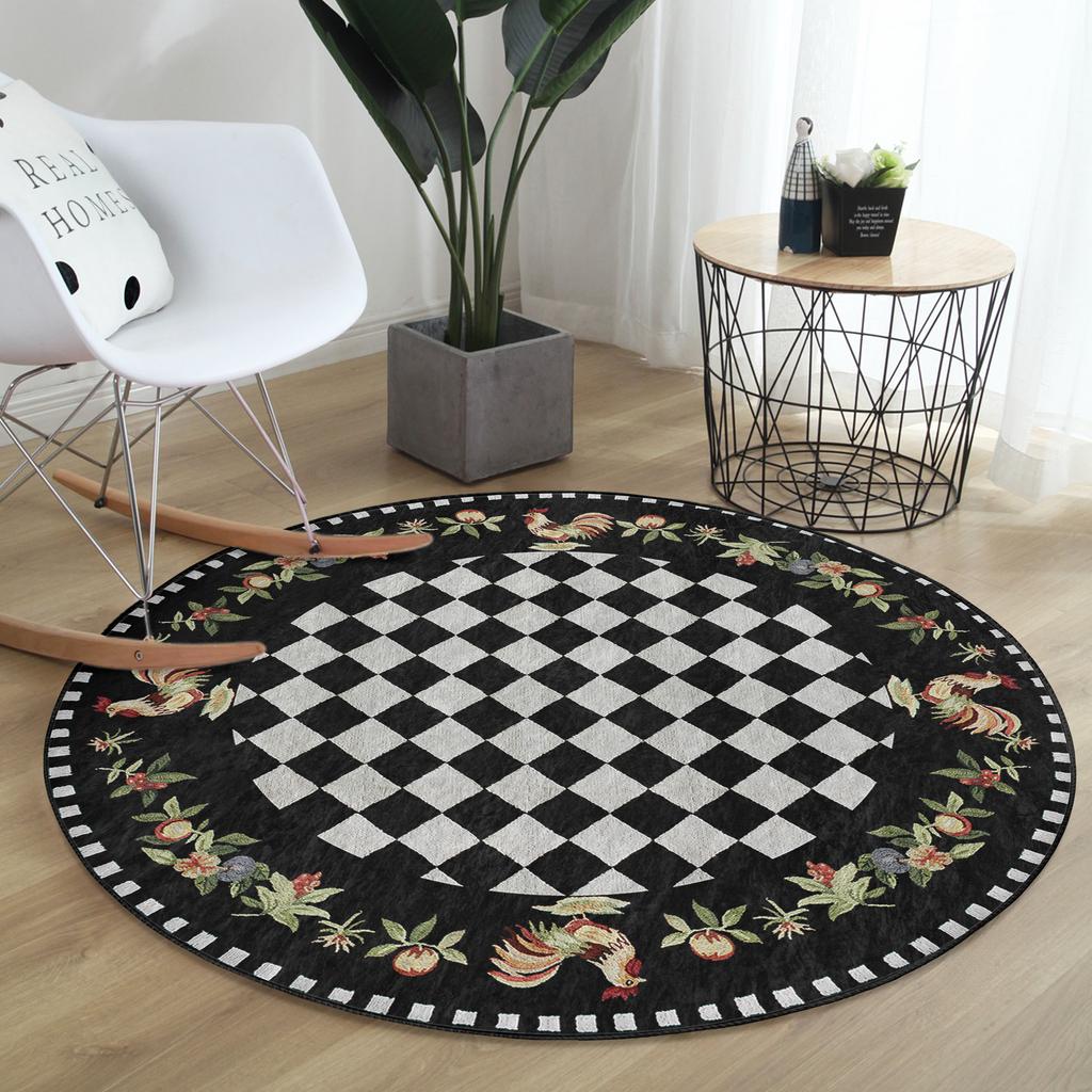 Checky Round Rug Country Floor Carpet Moroccan Non Slip Circle Rugs Rooster Rug Chicken Area Rugs Black Rug For Living Room
