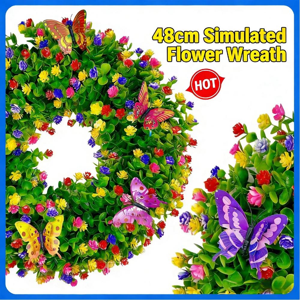 Handcrafted Artificial Eucalyptus Wreath with Butterfly Flower Faux Leaf Plastic Wreath for Farmhouse Party Holiday Home Wall