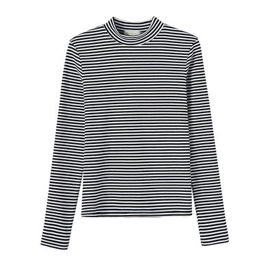 Round Neck Cotton T-shirt Women's Long Sleeve Fashion Striped Bottom Shirt Autumn and Winter New Half High Neck Top