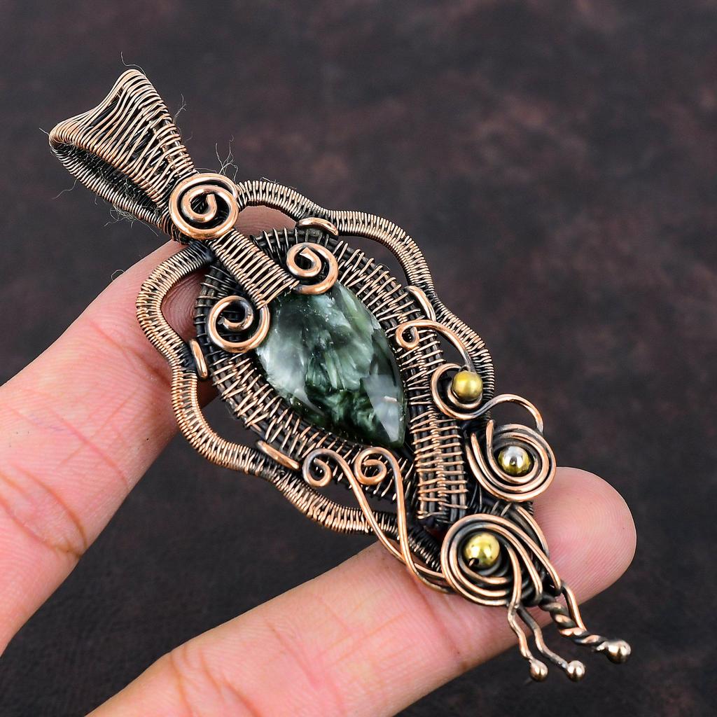 Seraphinite Pendant Copper Wire Wrapped Pendant Handmade Pendant Copper Gemstone Jewelry Unique Style Pendant Gift For Him Wire Wrap Jewelry