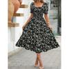 Women Dress Printed Square Collar Waist Puff Sleeve Layered Women's Dress Sweet Style Dress