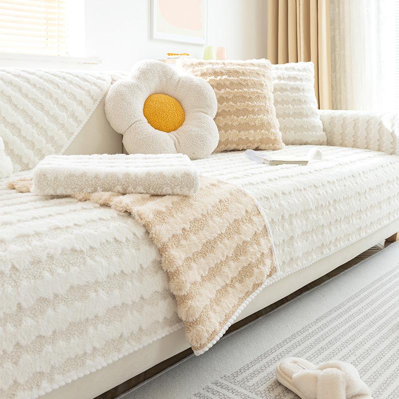 Winter Thicken Sofa Cushion Wave Plush Warm Solid Color Sofa Cover Towel Anti-slip Couch Protector Slipcover for Living Room