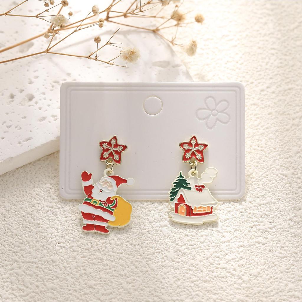 European & American Cartoon Rhinestone Christmas Earrings – High-End Asymmetrical Festive Jewelry for Women