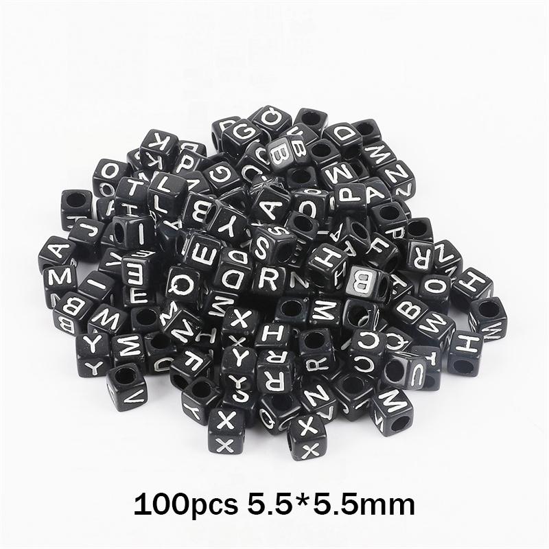 100pcs Round Square English Letter Beads DIY Bracelet Necklace Jewelry Accessory Acrylic Loose Bead String Black White Crafts
