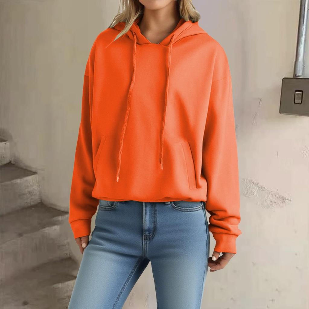 Women's Loose Long Sleeved Pullover With Drawstring And Pocket Hooded Solid Color Hoodie
