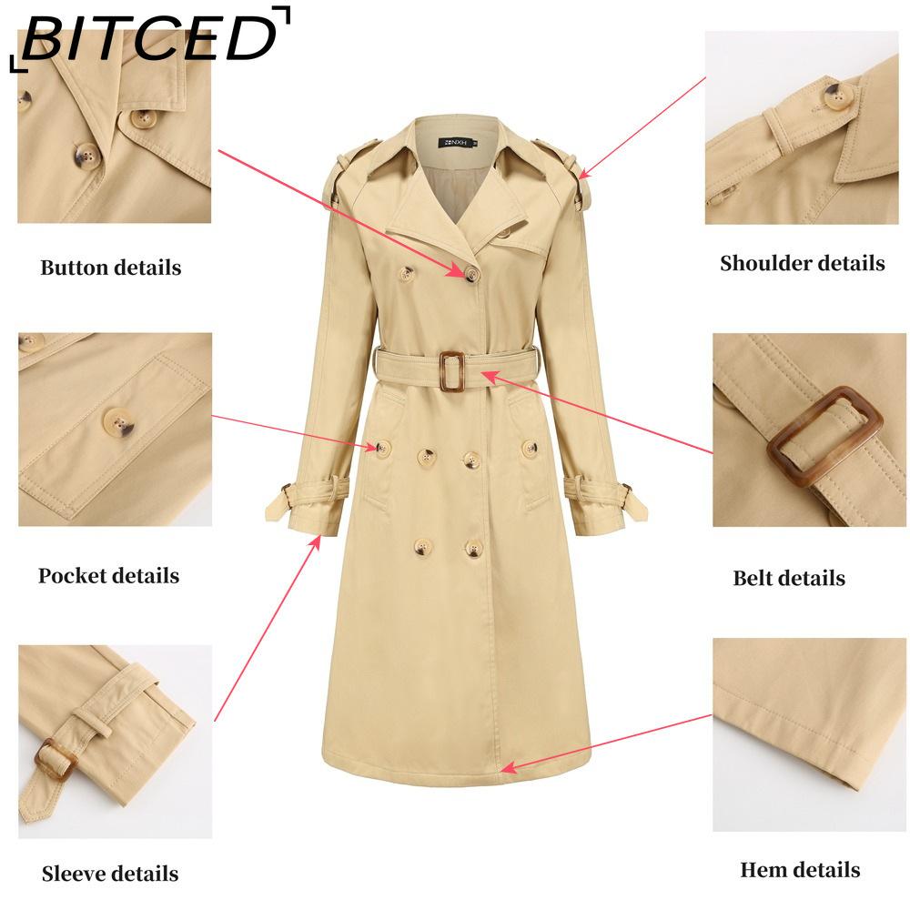 BITCED Women's Long Trench Coat with Waist Cinch Cotton-Blend Fashion Jacket with Long Sleeves