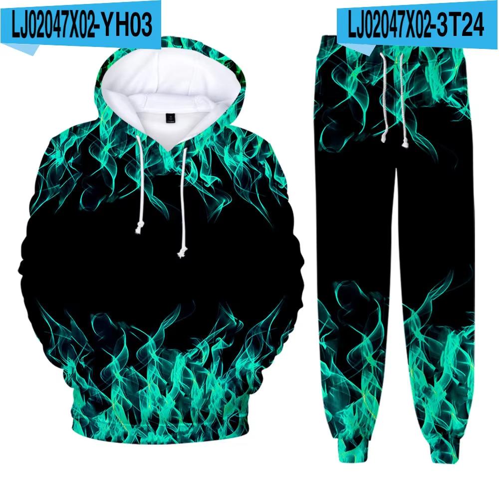 Men's Hoodie Pant Set Blue Flame 3d Print Sets Men Women Fashion Hoodie +Pants 2Pcs Sets Sports Casual Two Piece Tracksuit Suits