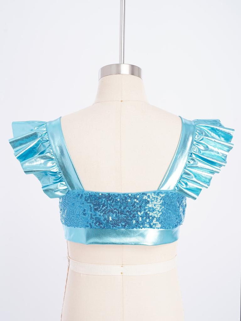 Dětské dívčí topy na jazzový tanec Čtvercový výstřih Volánkové rukávy Třpytivý flitrovaný metalický crop top