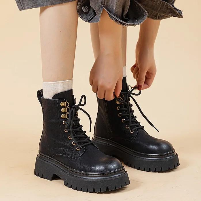Women Fashion Leather Ankle Boots Autumn Winter Woman Hiking Thick Heels Platform Shoes Motorcycle Boots British Work  Boots