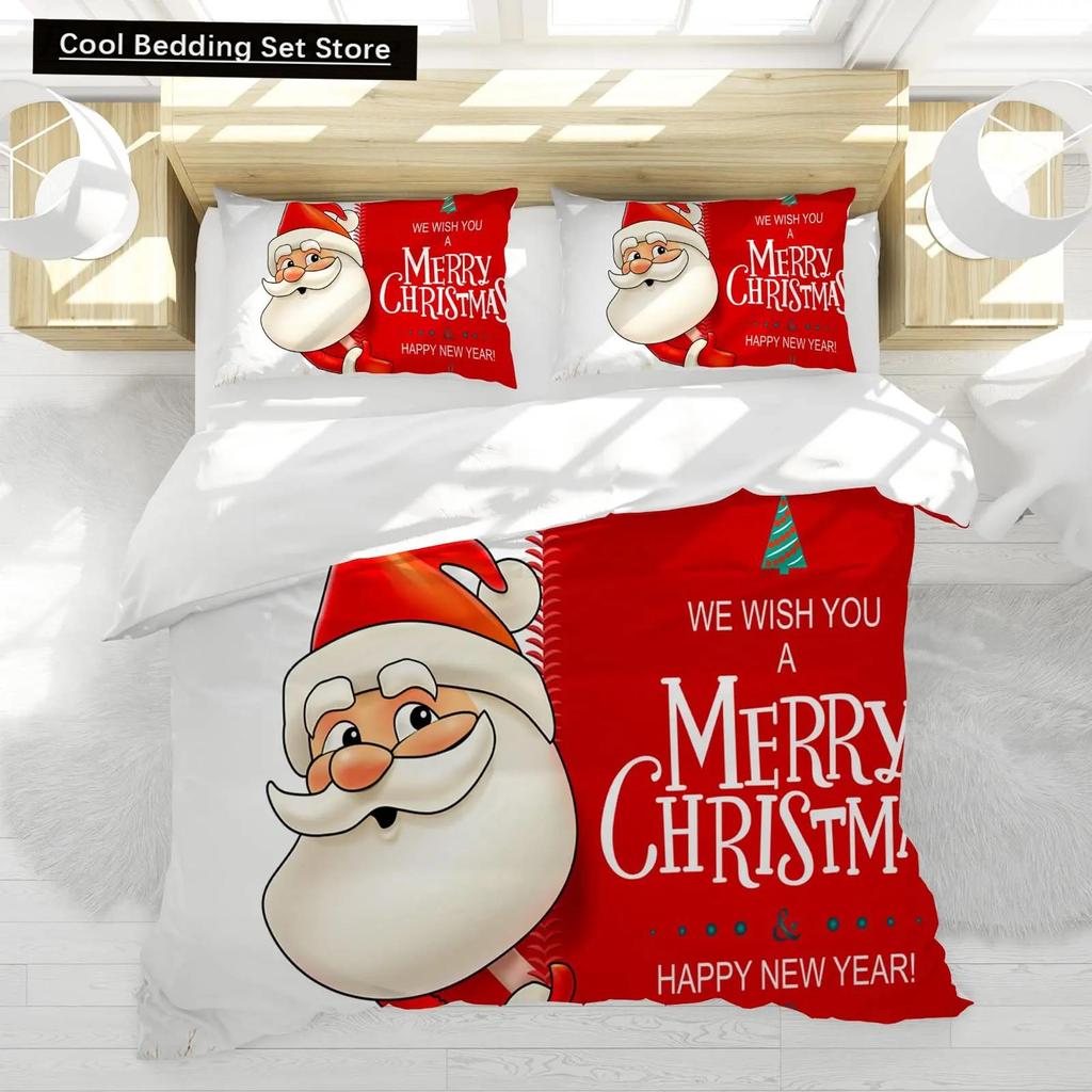 Christmas Duvet Cover Set, Snowman with Santa Hat In The Garden with A Gift Box and Candle Cartoon Image Polyester Bedding Set