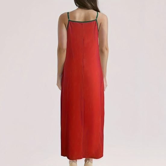 Sommer Damen Trägerkleid Retro Kontrastfarbe Bedruckt Übergroß V-Ausschnitt Ärmellos Rückenfrei Bohemian Stil A-Linie Knöchellang Urlaub Maxikleid