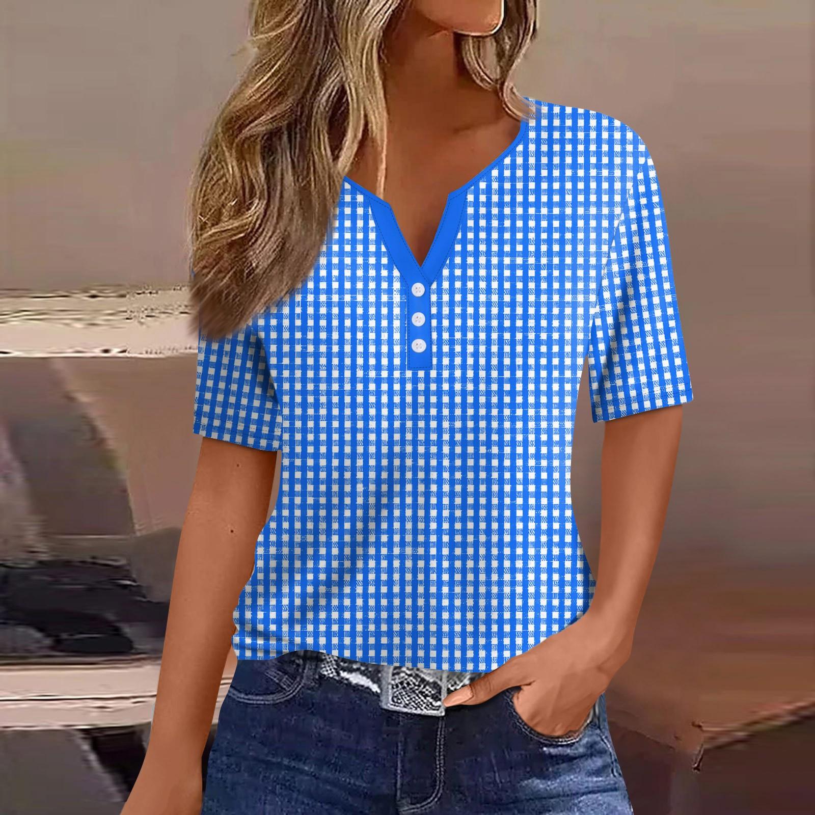 

Женская мода повседневная однотонная клетчатая футболка с V-образным вырезом и коротким рукавом с декоративными пуговицами XXL синий