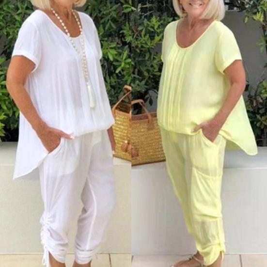 

2 шт./компл. женские топы и брюки комплект однотонная мягкая ткань дышащая из двух частей неровный подол свободные карманы карманы с короткими рукавами брючный костюм