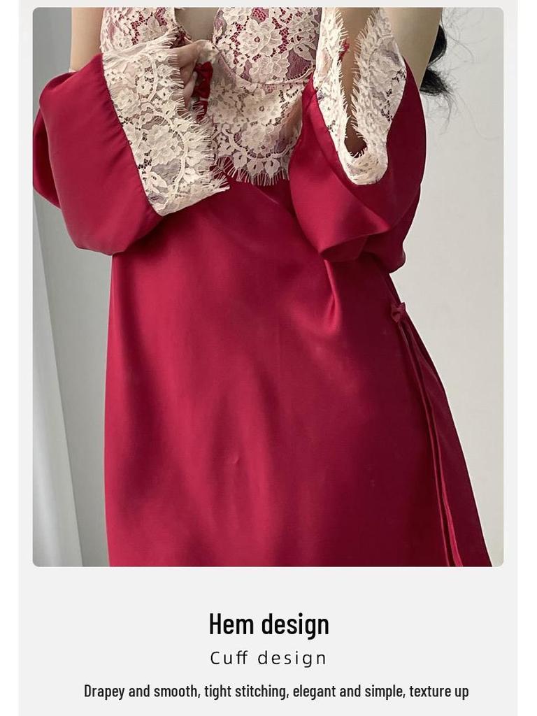 2025 High-End Women's Ice Silk Lace Spaghetti Strap Nightdress & Pajama Set