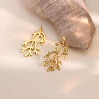 Ocean Coral Gold-Plated Stainless Steel Earrings - Colorfast Leaf Design for Women
