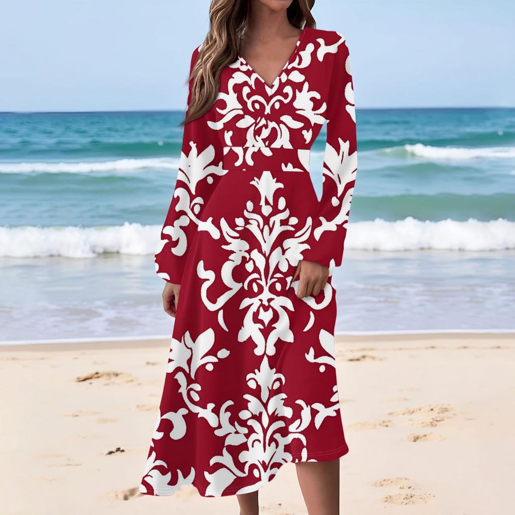 Women's Casual Fashion Floral Print V-neck Long Sleeve Waist Long Dress