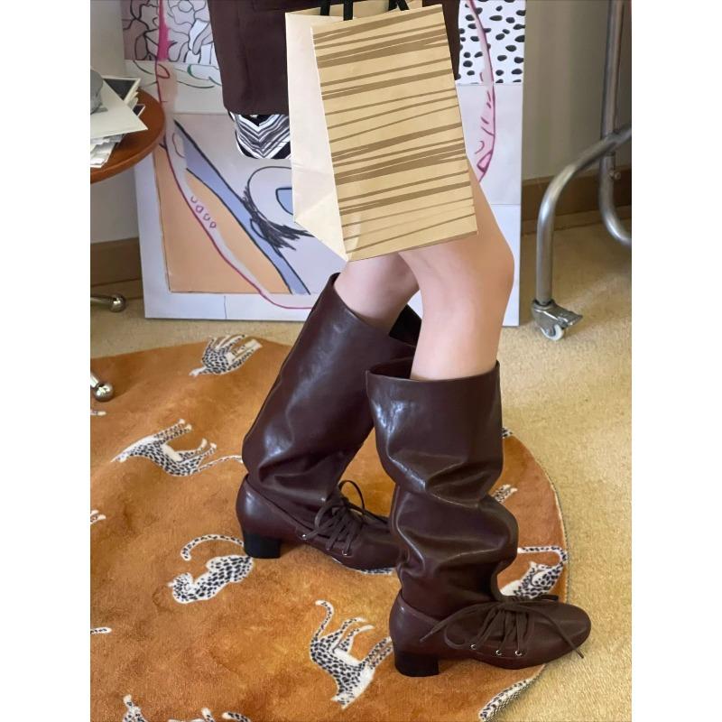 Retro Shoes, New Niche Skinny Boots, Thick-soled Boots with Thick Heels, Pointed Lace-up Boots