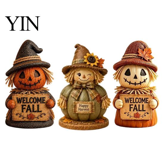 Rural Style Fireplace Decor 3 Pcs Fall Wooden Scarecrow Figurines, Farmhouse Rustic Statue with Maple Decorative Craft for Thanksgiving Leaf,