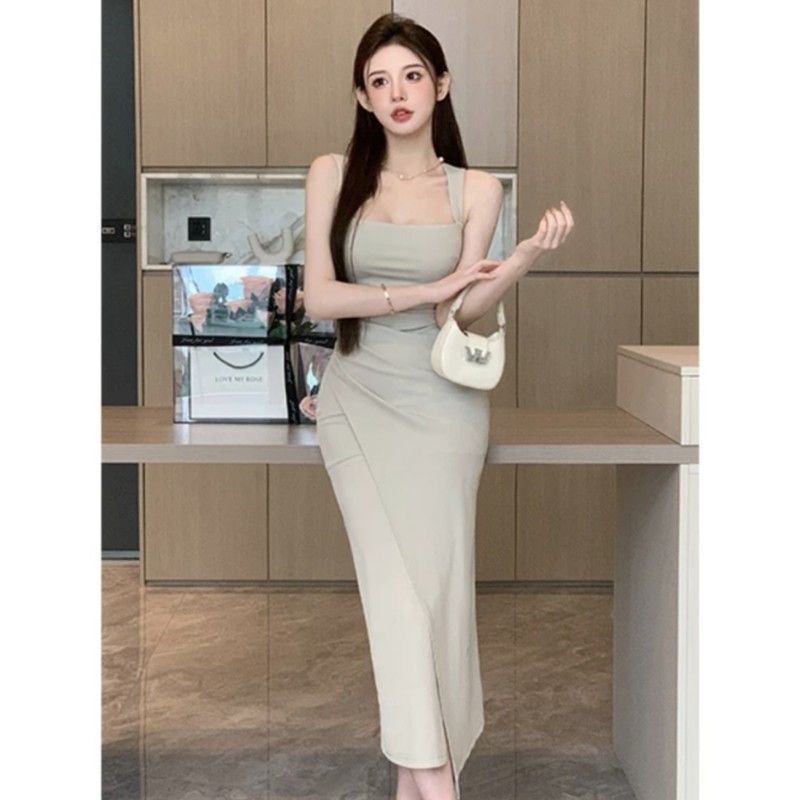 French temperament celebrity royal sister feeling tight long dress slim-fitting hip-wrapped square neck suspender dress summer new
