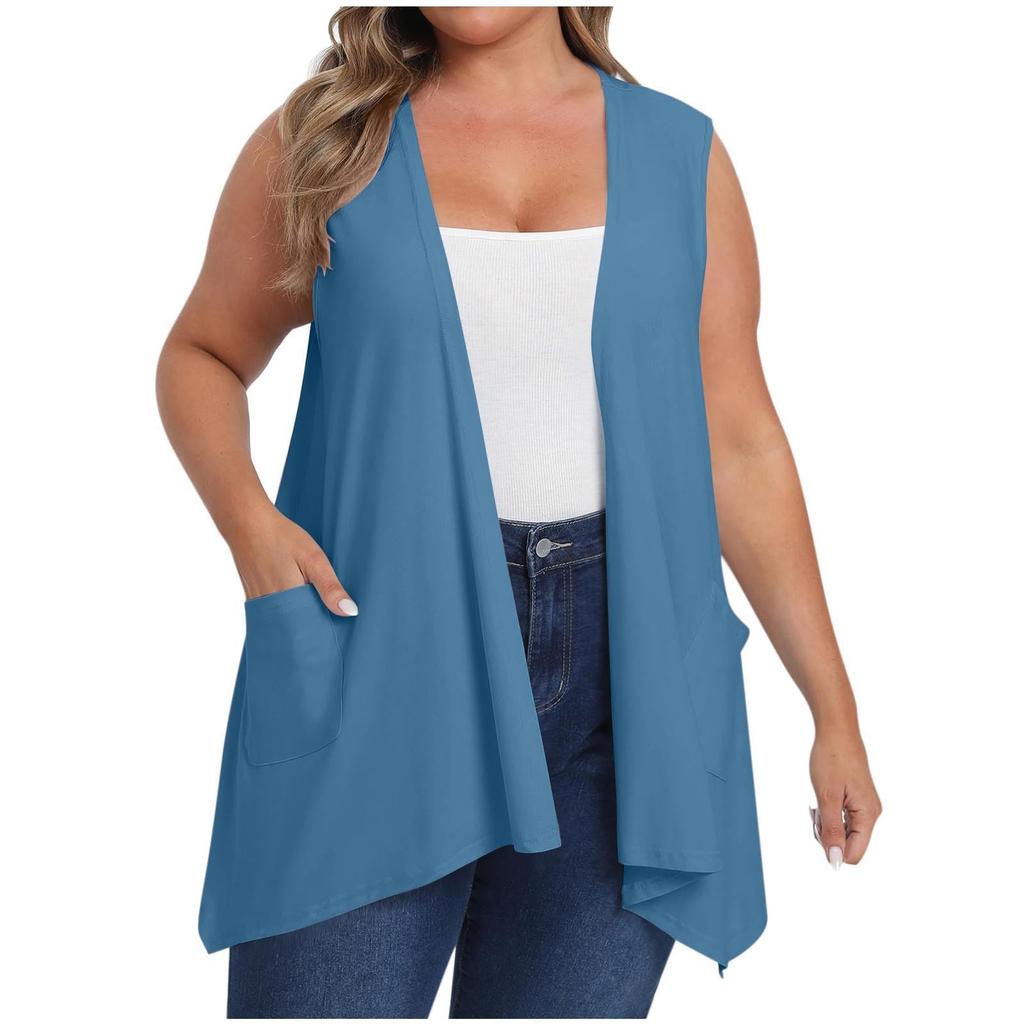 Women's Open Front Cardigans Loose Summer Sleeveless Tank Tops Loose Fit Casual Coverups Shirts With Pockets