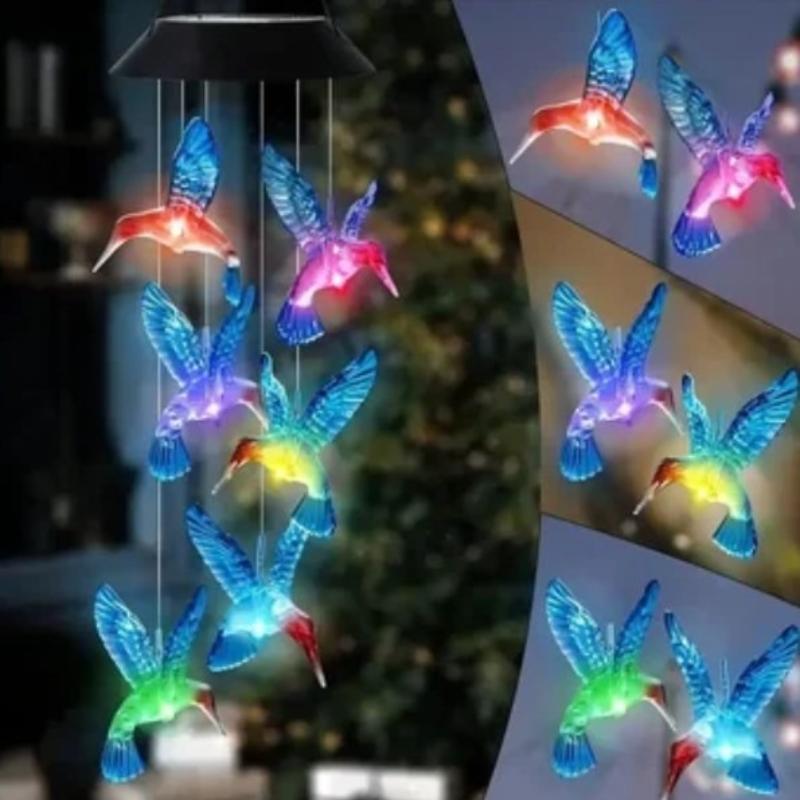 Solar Outdoor Waterproof Color Changing Hummingbird Shaped Design Wind Chime,Suitable For Garden Window Decoration Gifts