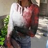 Women's Casual Long Sleeve Ribbed Top Crew Neck Halloween Ghost Print Slim Fit Stretchy Shirt for Everyday Wear