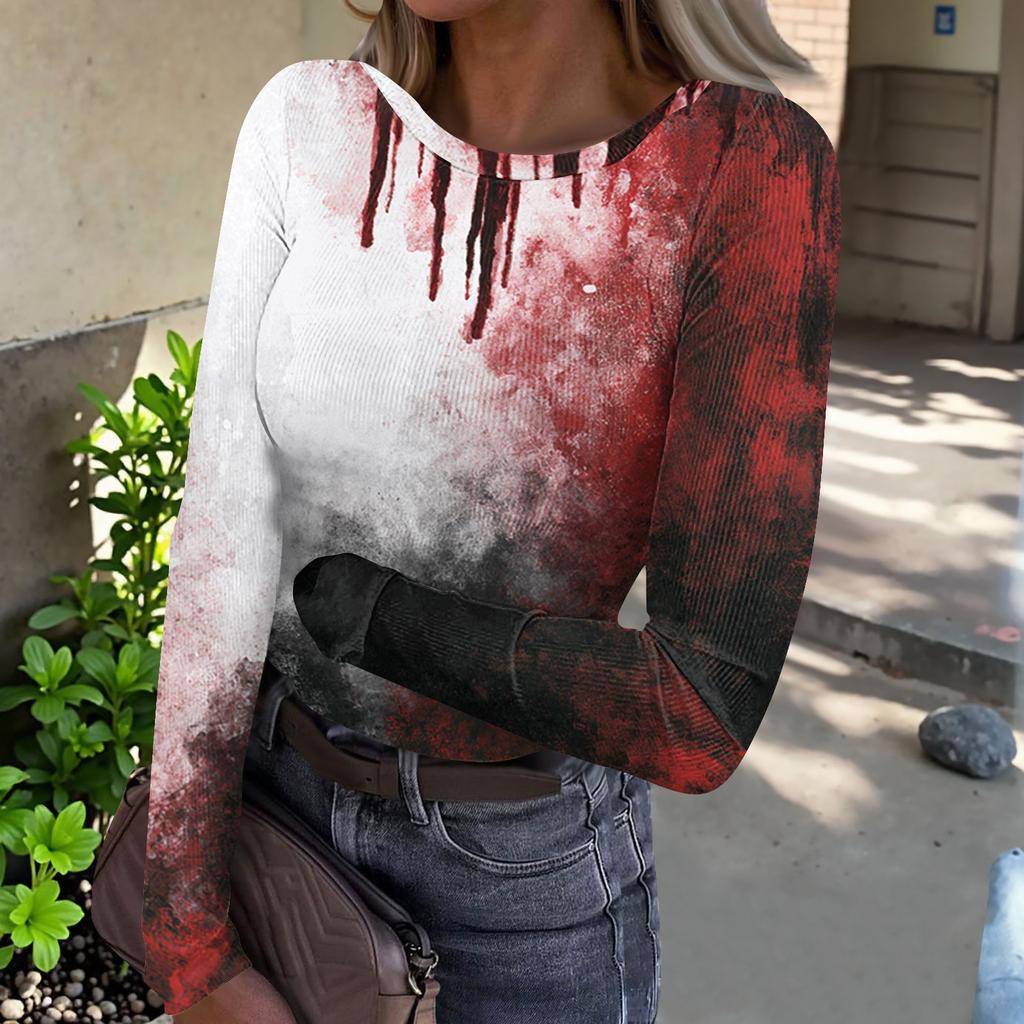 Women's Casual Long Sleeve Ribbed Top Crew Neck Halloween Ghost Print Slim Fit Stretchy Shirt for Everyday Wear