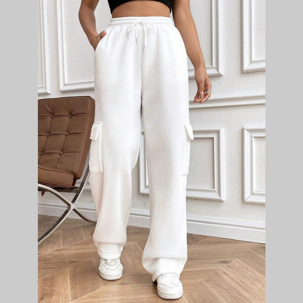 Women's Lace-up Elastic Waist Trousers, Fashion Solid Color Straight Wide-leg Sweatpants