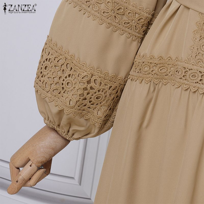 ZANZEA Women Casual Turn Down Collar Long Sleeve Elegant Lace Splice Long Dress