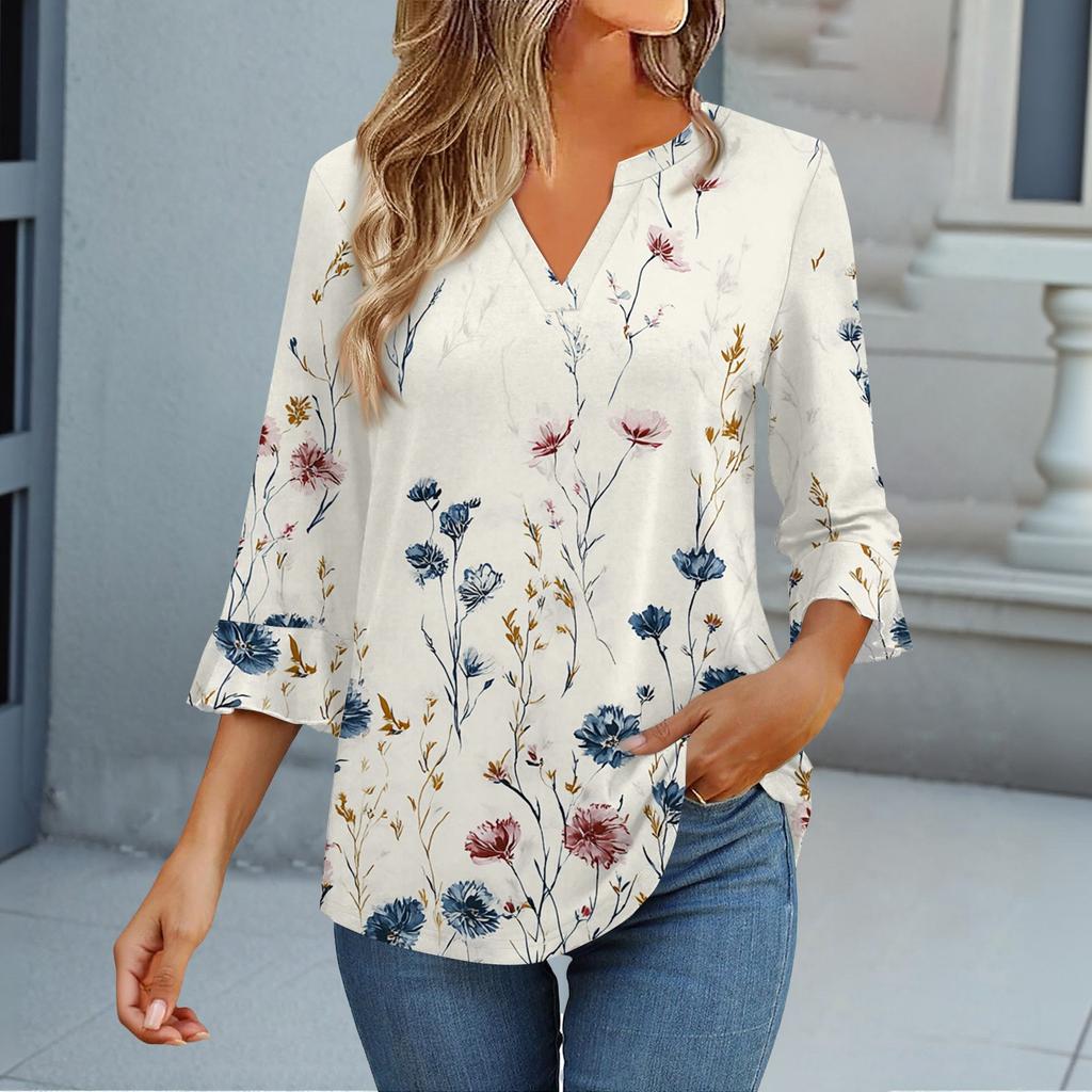 3/4 Sleeve Tops For Women T-Shirt Casual Flared Sleeves Print Tunic V Neck Pullover Blouse