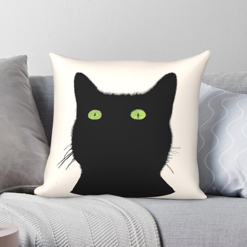 Black Cat With Green Eyes Square Pillowcase Polyester Linen Velvet Creative Zip Decorative Pillow Case Sofa Cushion Cover 18"
