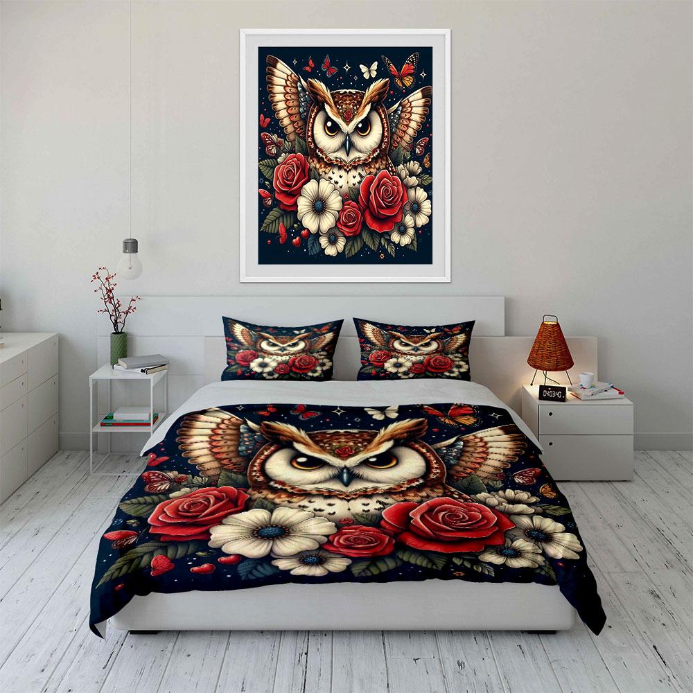 Owl Floral Art Decor Set Bedding Set with 1 Duvet Cover 2 Pillowcases Single Double King Queen, Gift