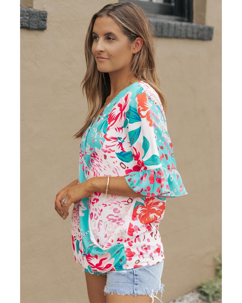 Azura Exchange Bluse mit Leoparden-Blumenmuster und Rüschenärmeln