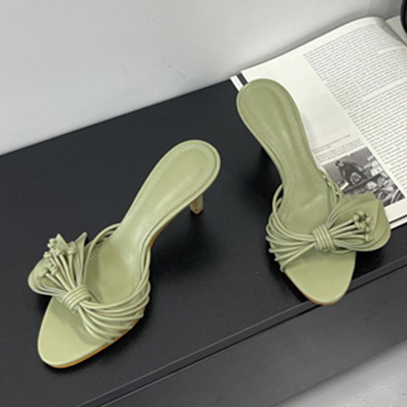 Designer Women Green Leaf Narrow Band Summer Slipper Sandal Street Fashion Open Toe Mules Thin Low Heels Party Dress Shoes
