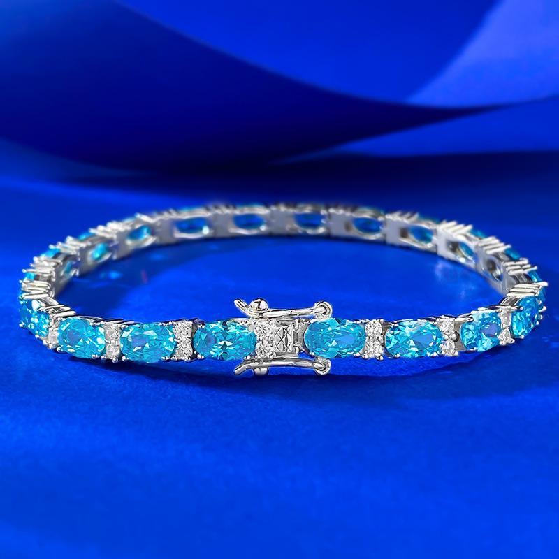 High Carbon Diamond Light Luxury Temperament 4 * 6 Sea Blue Diamond Full Diamond High-End Bracelet