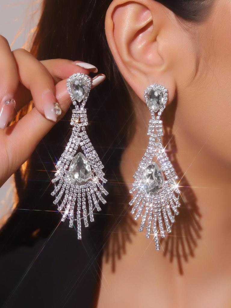 Luxury Rhinestone Tassel Clip-On Earrings for Women - Bridal Accessories