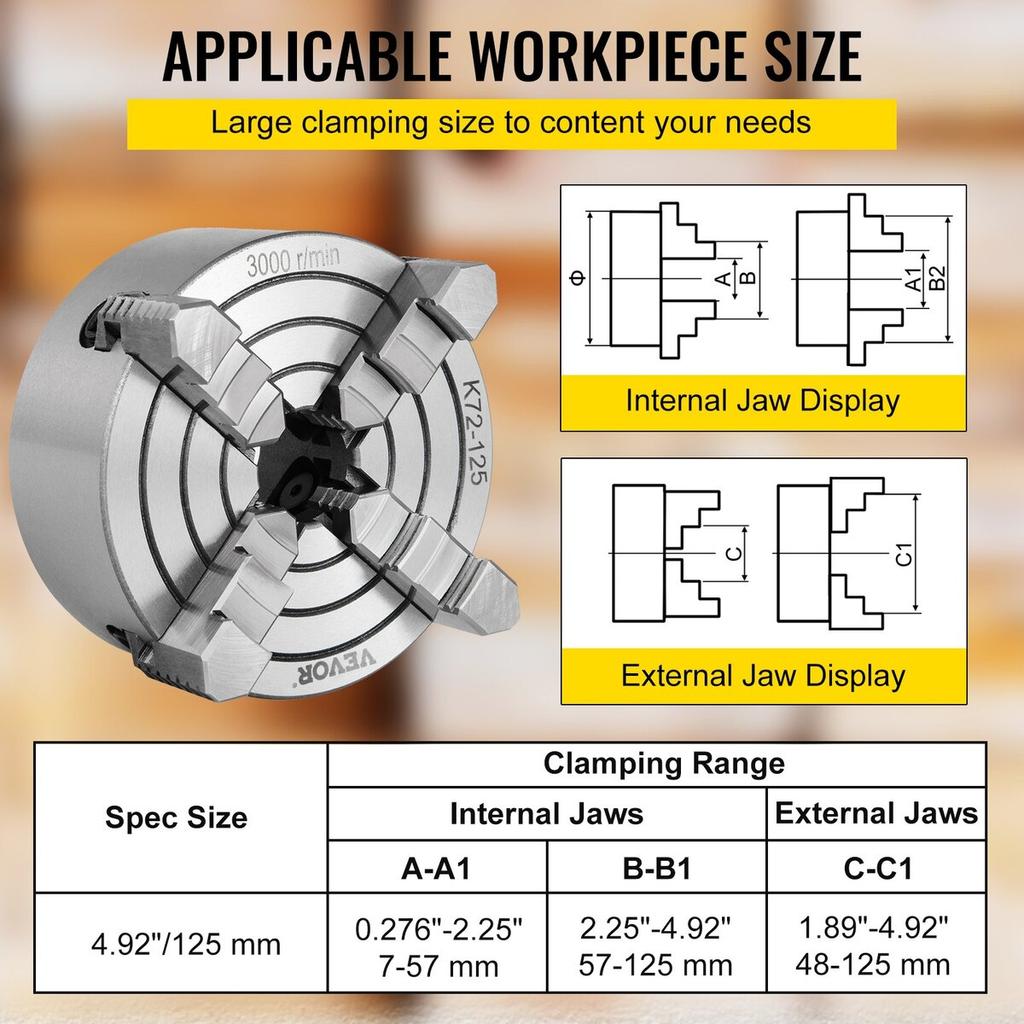 K72-125 5 Inch Lathe Chuck Independent Reversible Jaw 125MM Metal Turning Machine Accessories for Mini Metal Lathe Machine 4 Jaw Lathe Chuck