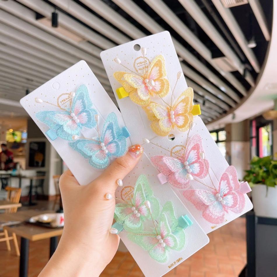 Kid 3D Fairy Embroidered Butterfly Hair Clips Kids Double Layers Tulle Pearl Bangs Hairpin Girl Exquisite Princess Headwear HP01