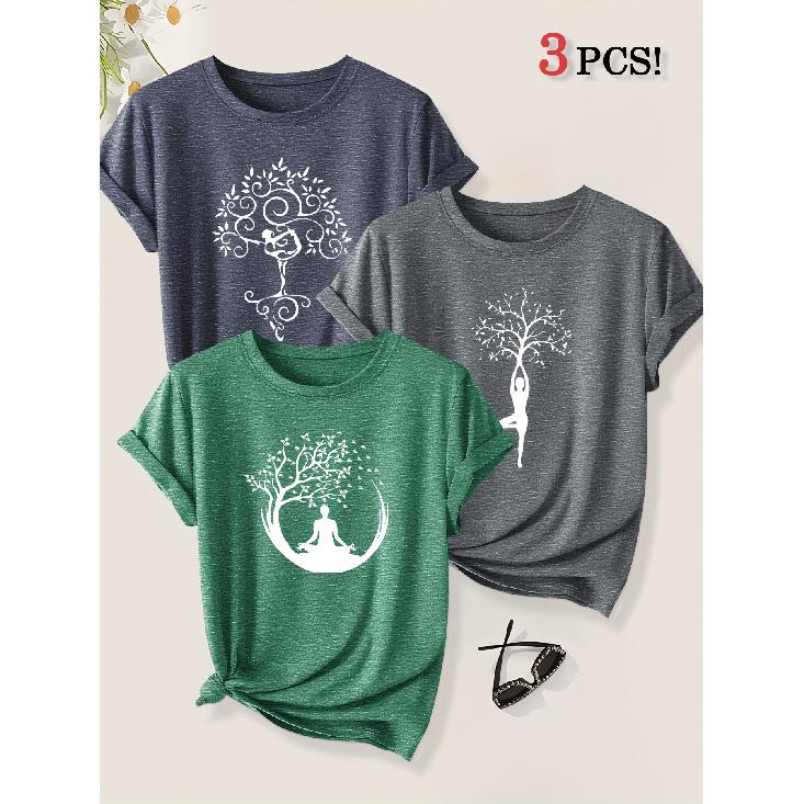 2026 3 Pack Harmony Between Man And Nature Yoga Print Women Short Sleeve T Shirts Casual Sports Holiday Tops Summer Autumn Tees