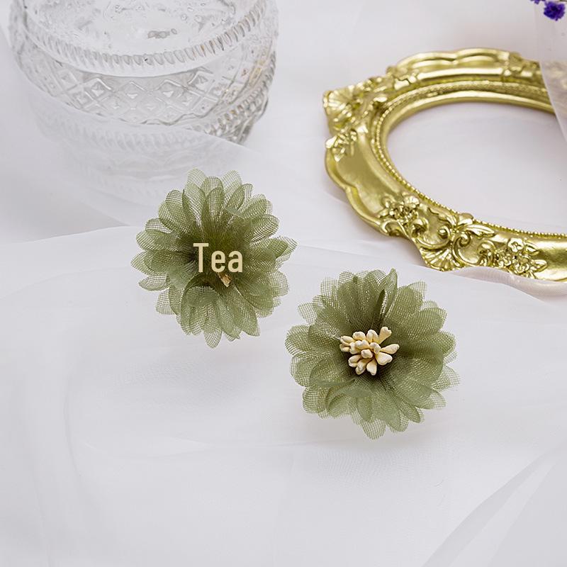 Chiffon Lace Flower Earrings: 925 Silver, Purple & Avocado Green Petals
