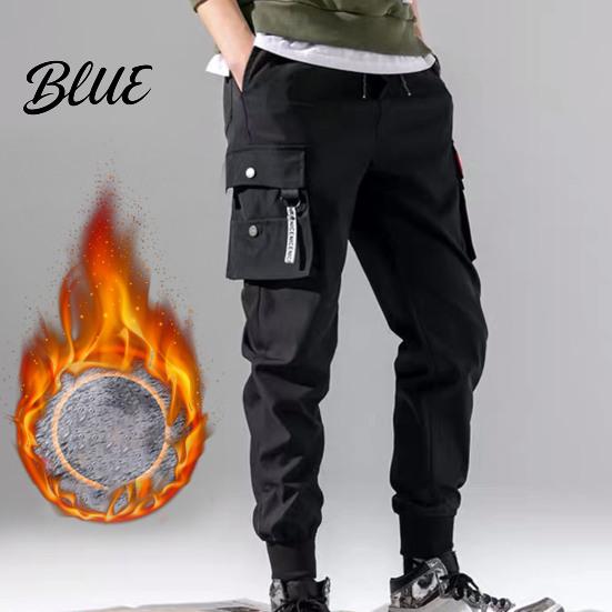 Loose Trousers Men Multiple Pockets Color Elastic Lining Solid Pants Plush Waist Warm Cargo