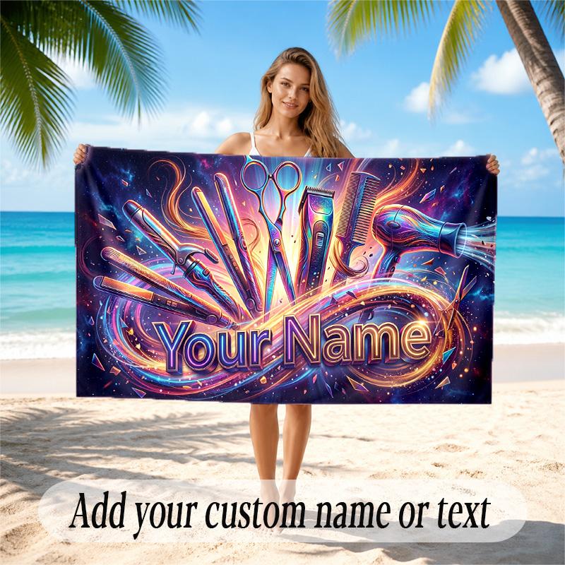 Barber Salon Theme Quick Dry Beach Towel Custom Name Text Print Large Sand Resistant Towel Beach Vacation