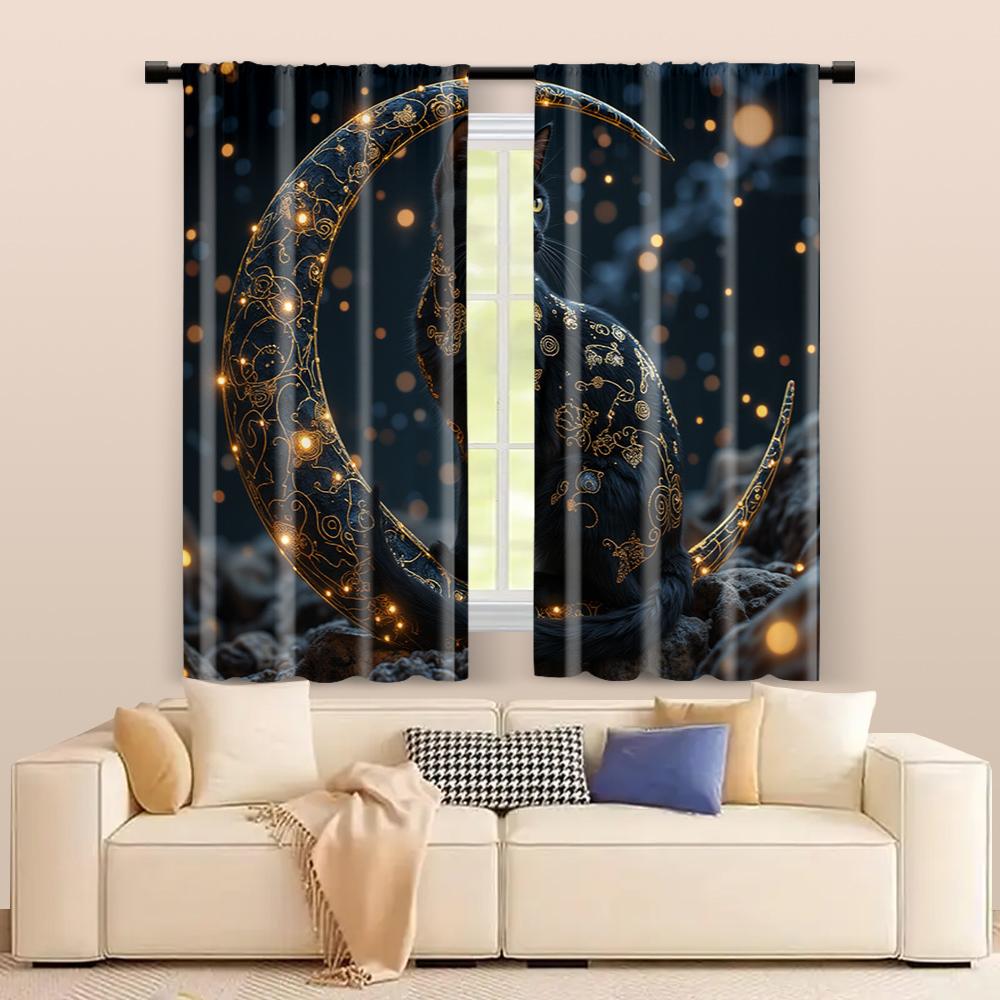 Filtering Curtains Excluding Rods Non Movable Without Batteries Mystic Black Cat Use Bedrooms Living Rooms Set Of 2 Made Polyester Sitting Room Decor