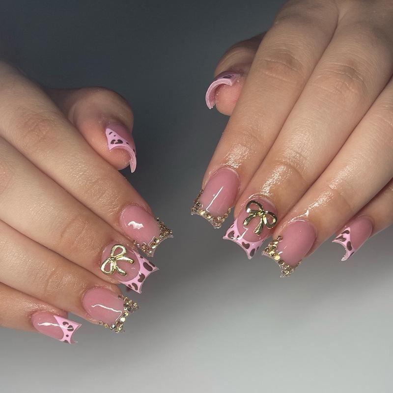 

Leopard Print Bow French Manicure Wearable Nail Patches - Hot Seller Glue Version