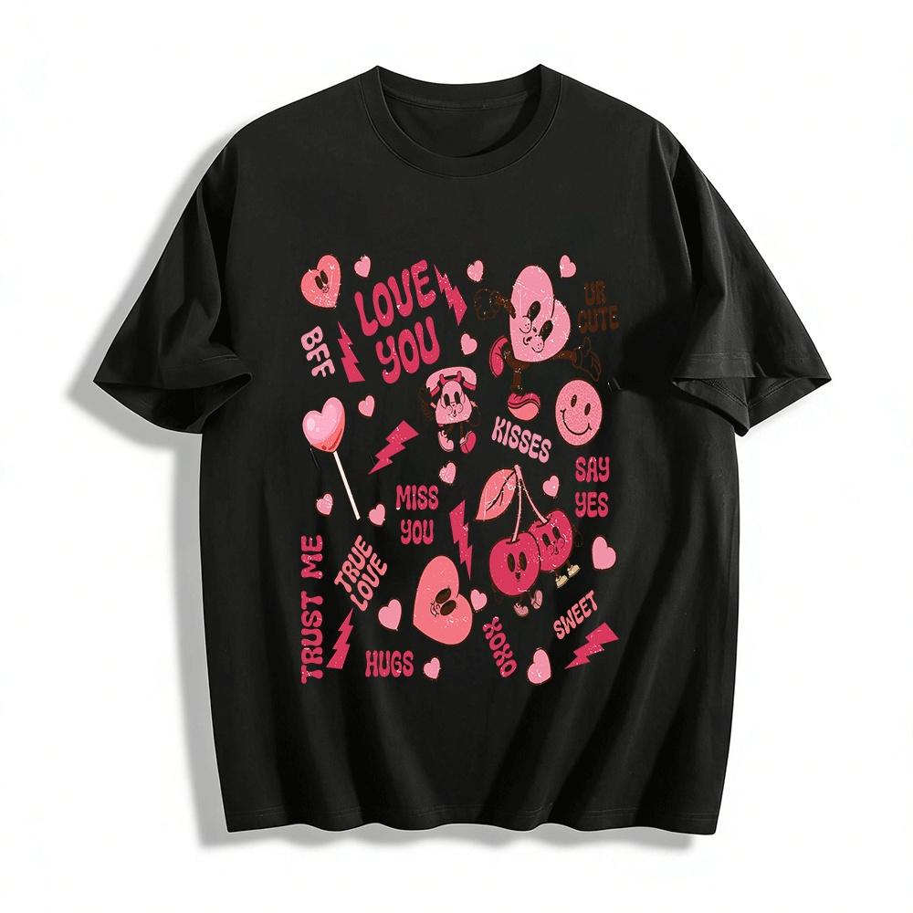 Vintage Sweet Heart Graphic Tee Unisex Casual Love Print Short Sleeve Pure cotton T-shirt XXS