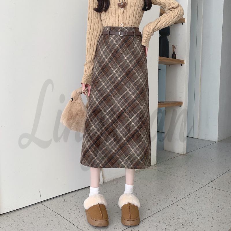 

Plus Size Korean Style High-Waisted Plaid Wool Skirt with Belt for Women - Autumn/Winter Collection, Mid-Length with Lining L